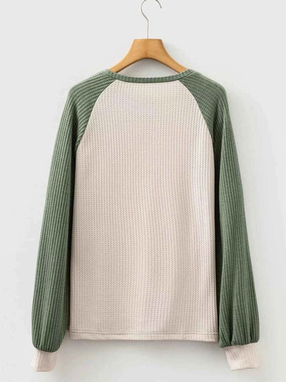 Waffle Color Block Raglan Sleeve Top