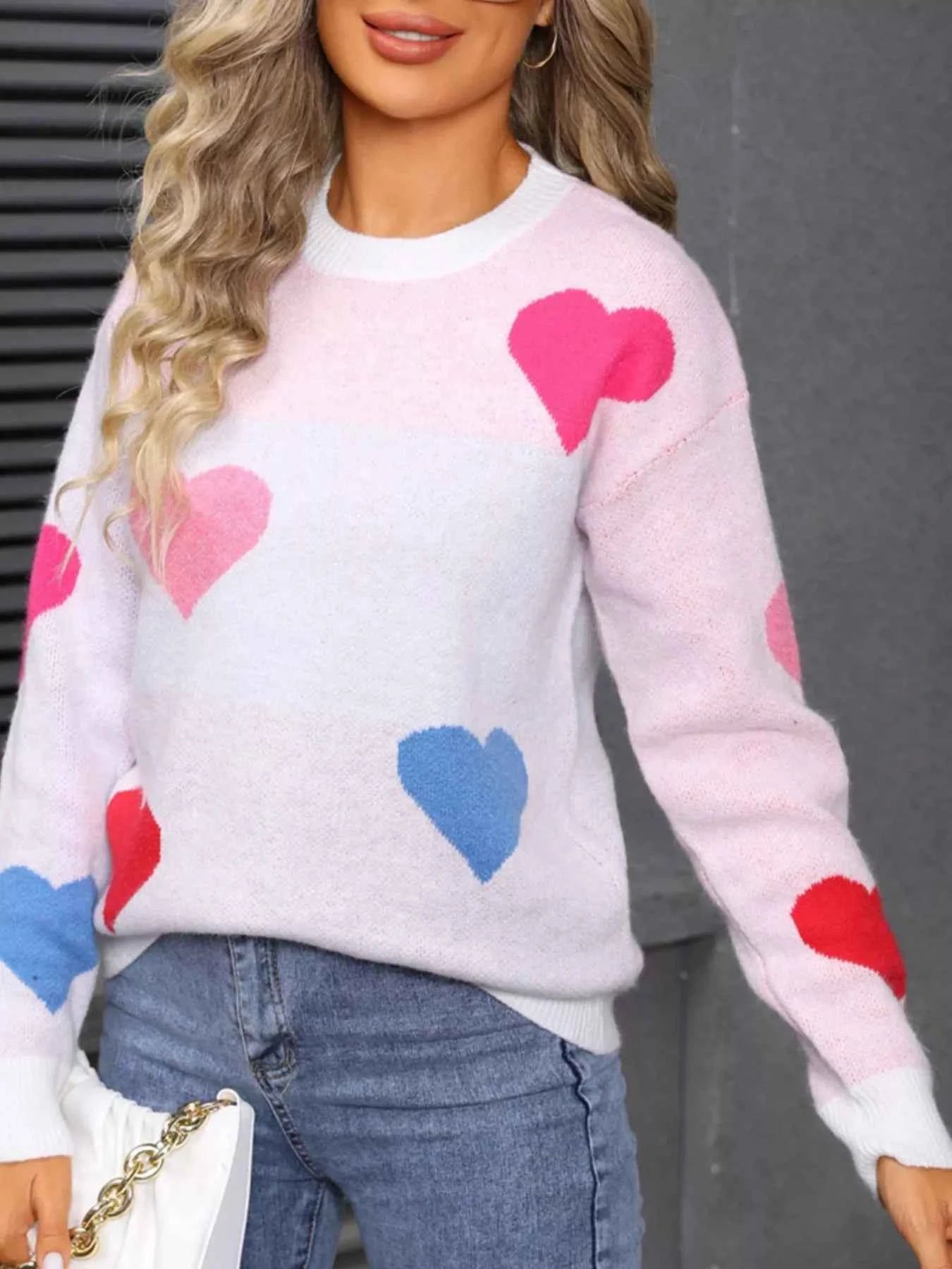 Valentine's Day Heart Round Neck Dropped Shoulder Sweater