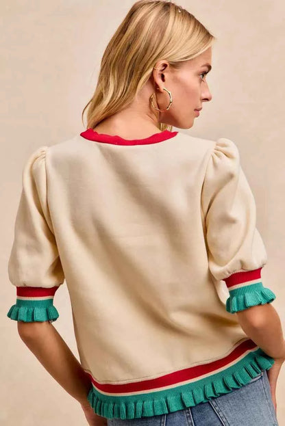 BiBi Christmas Merry Letter Patches Contrast Banded Top