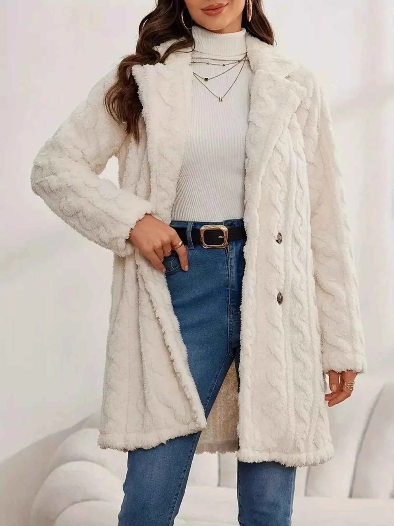 Double-Breasted Fleece Longline Coat