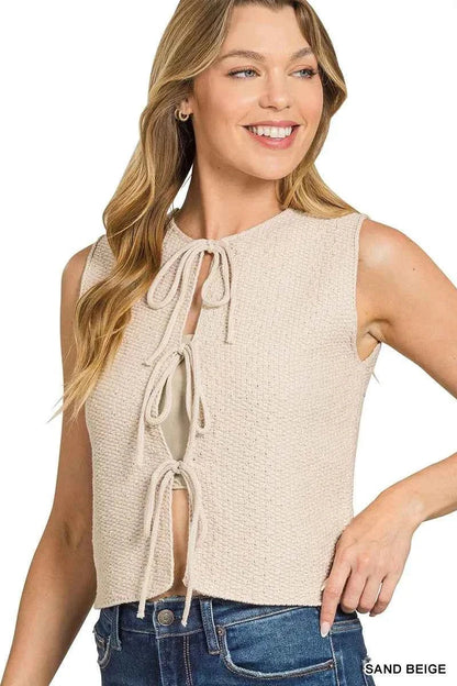 Zenana Tie Front Cropped Sweater Vest