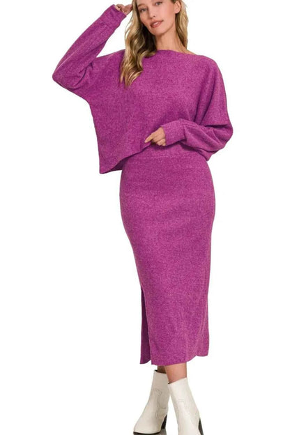 Zenana Ribbed Asymmetric Hem and Sleeve Top & Skirt Set