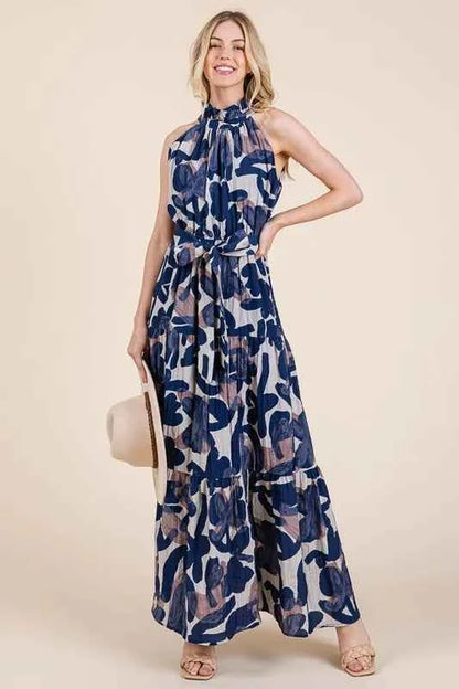 Lime 'N' Chili Abstract Halter Neck Tie-Waist Tiered Maxi Dress