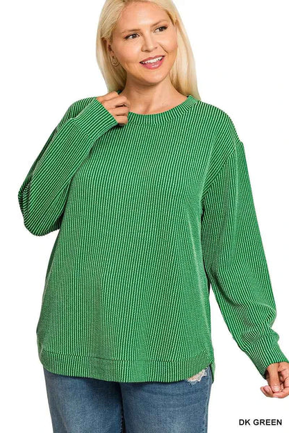 Zenana Full Size Raised Rib Round Neck Long Sleeve Top Plus Size