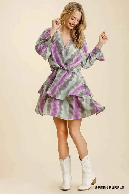 Umgee Tie Dye Ruffled Layered Dress with Elastic Waistband