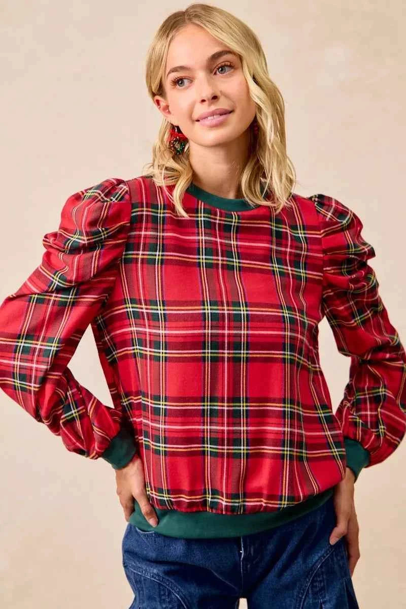 BiBi Christmas Plaid Exaggerated Shoulder Sleeves Top