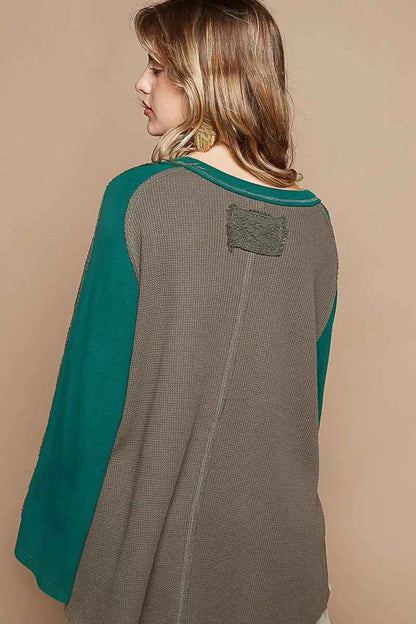 POL Scoop Neck Contrast Long Sleeve Top with Lace Detail