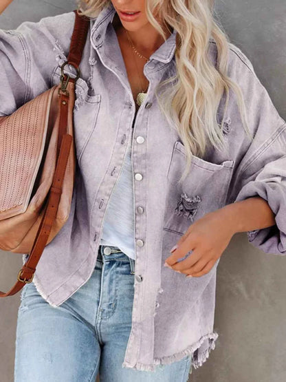 Raw Hem Button Up Denim Shacket