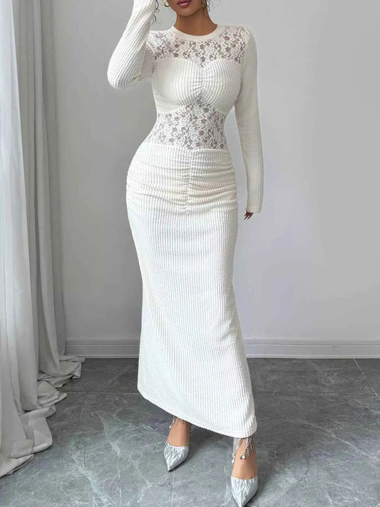 Lace Panel Ruched Bodycon Maxi Dress