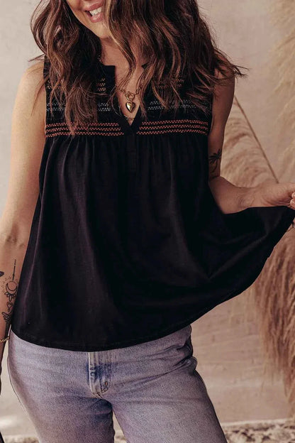 Boho Embroidered Sleeveless V-Neck Blouse