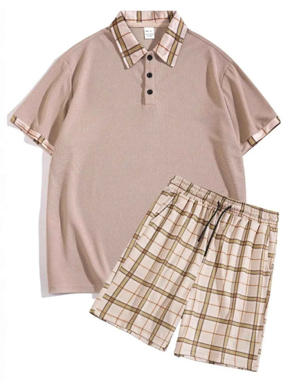 Men's Full Size Classic Plaid Collar Polo and Shorts Set Plus Size