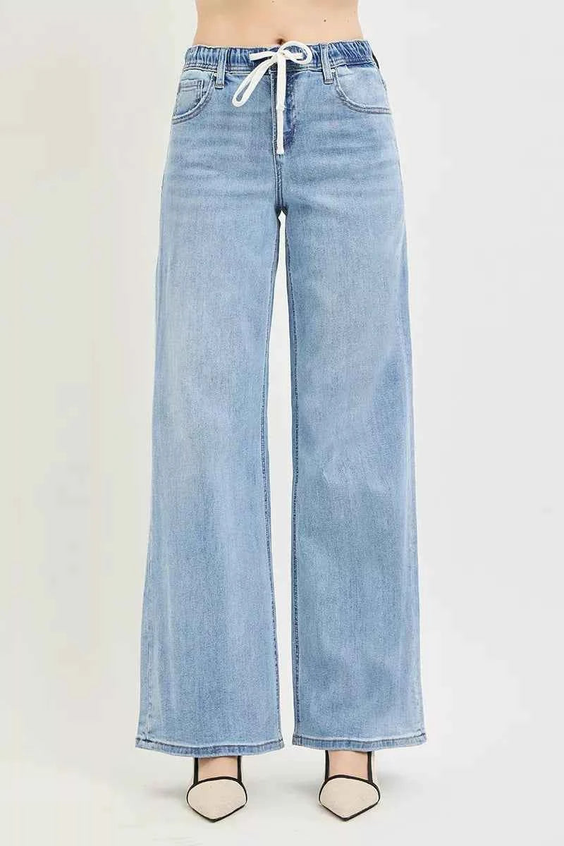 RISEN Elastic Band Slouchy Wide Jeans with Drawstring