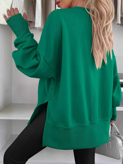 Side Slit Round Neck Long Sleeve Sweatshirt