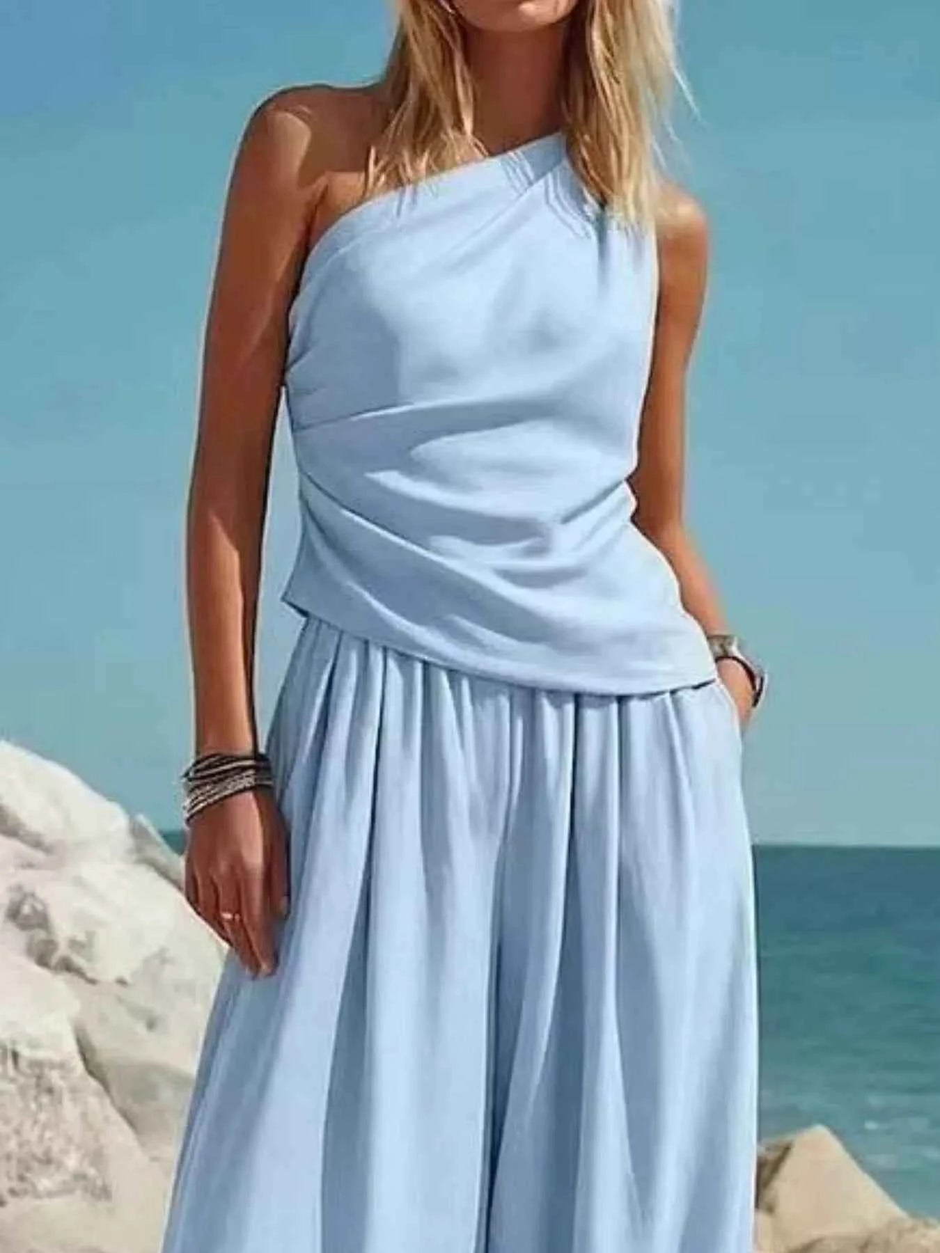 Full Size One-Shoulder Top and Wide Leg Pants Set Plus Size