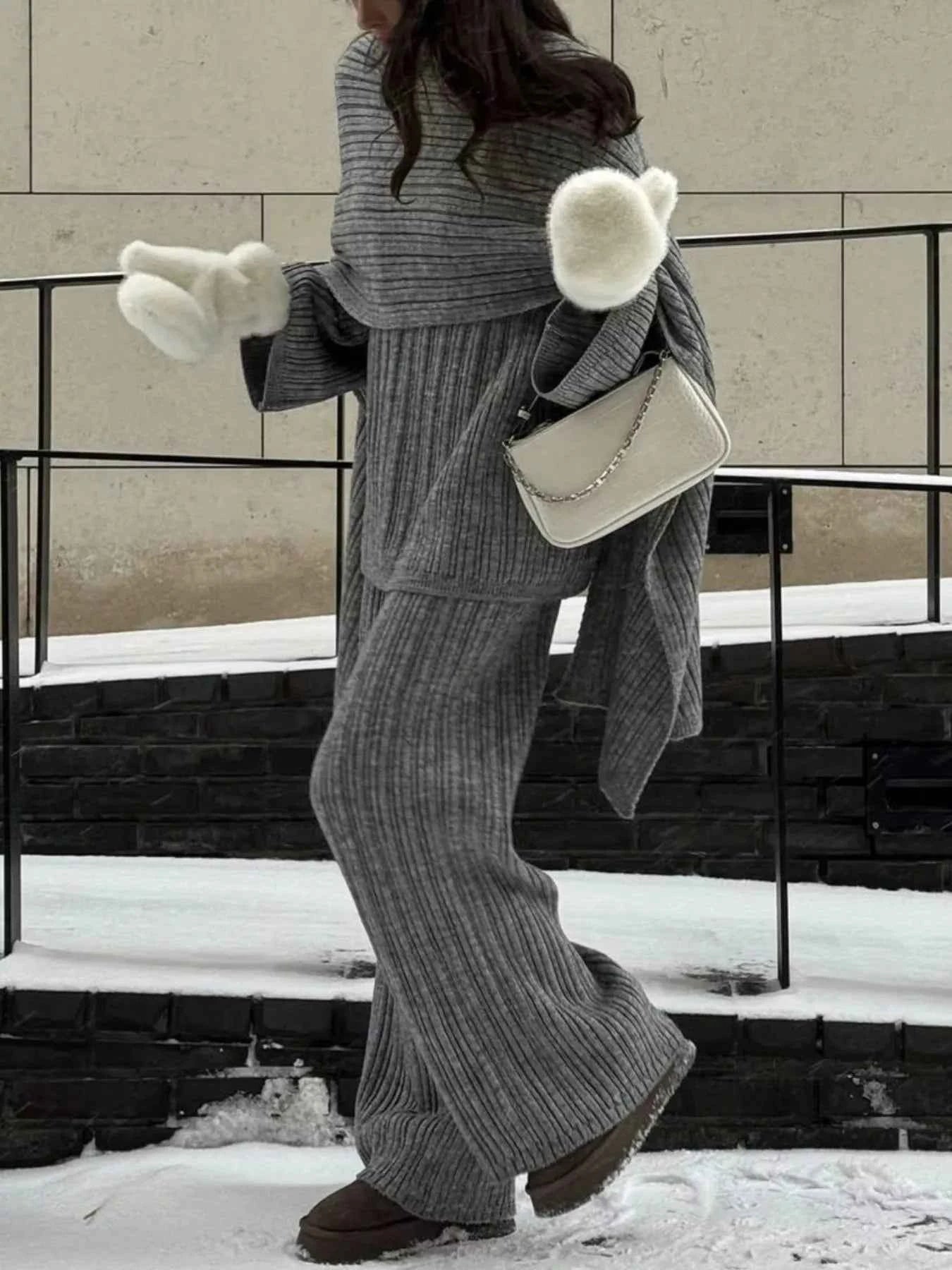3-Piece Crew Neck Ribbed Sweater and Wide-Leg Pants Set with Scarf