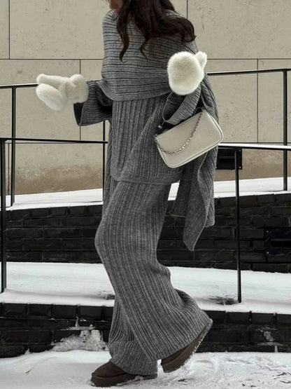 3-Piece Crew Neck Ribbed Sweater and Wide-Leg Pants Set with Scarf