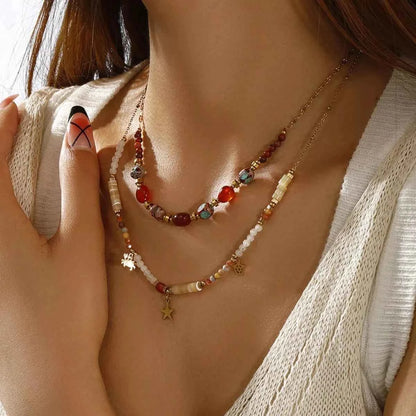 2 Piece 18K Gold-Plated Natural Stone Bead Necklace