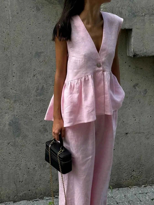 Button Down Peplum Vest and Pants Set