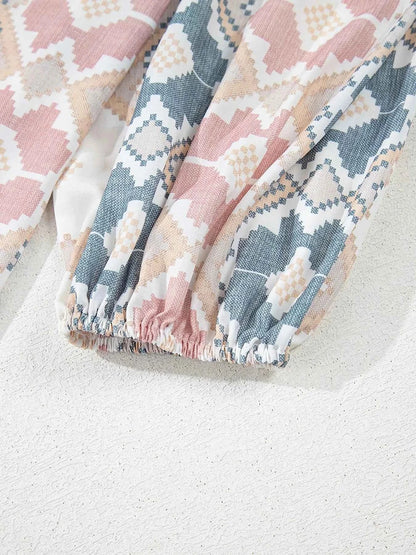 Bohemian Geometric Print Blouse with Tassel Tie