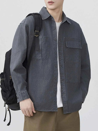 Men's Plus Size Button Up Long Sleeve Denim Shirt