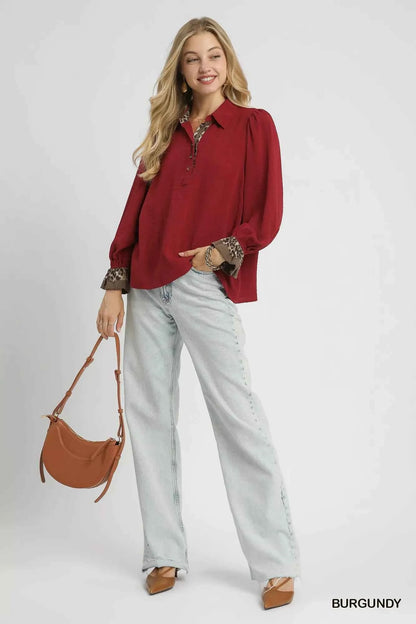 Umgee Half Button Blouse with Leopard Print Trim