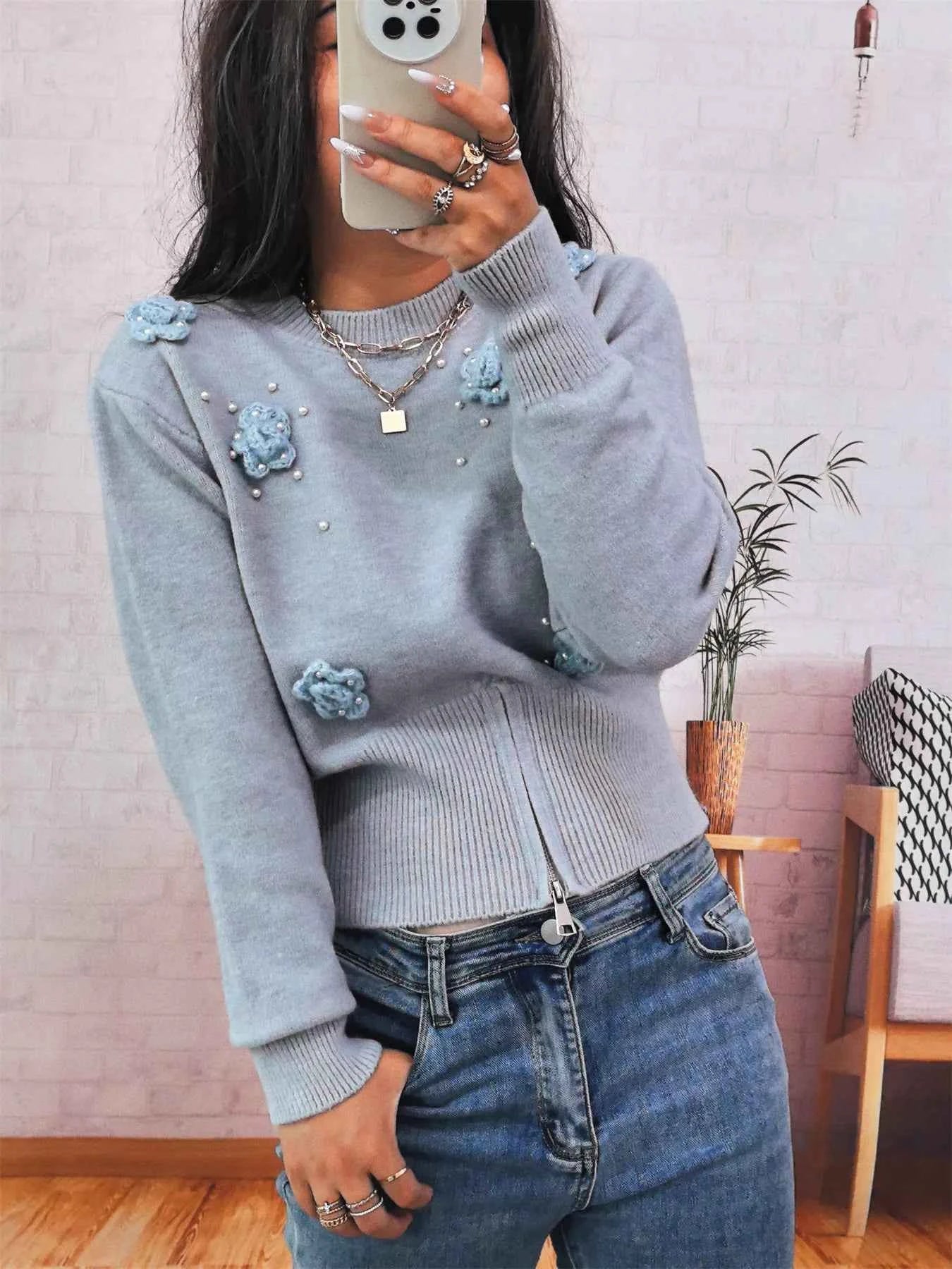 Flower Pearl Detail Ribbed Hem Sweater