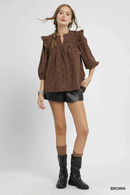 Umgee Bow Print Corduroy Puff Sleeve Blouse with Ruffled
