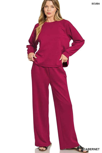 Zenana Scuba Crewneck Sweatshirt and Pants Set