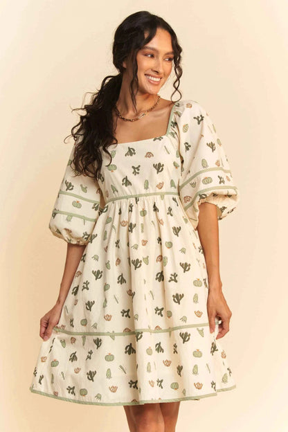 Davi & Dani Cactus Printed Poplin Contrast Piping Mini Dress