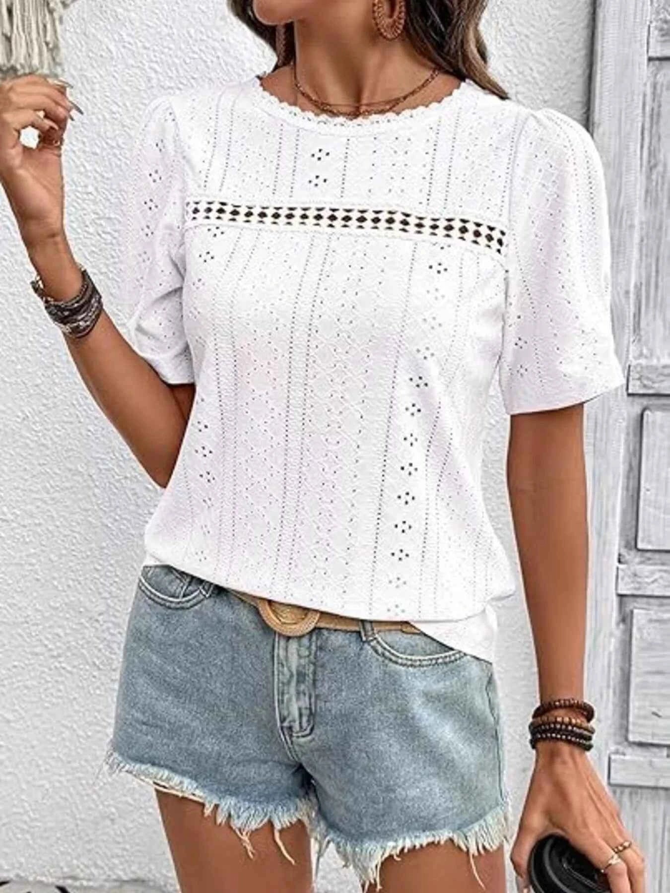 Eyelet Lace Detail Short Sleeve Blouse