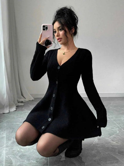 Button-Front V-Neck Knit Dress