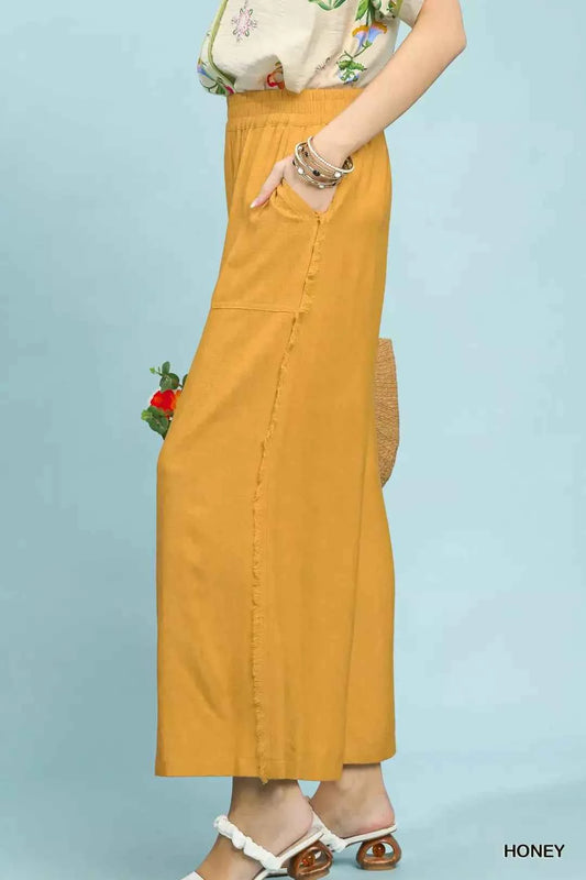 Umgee Linen Frayed Side Pocket Wide Leg Pants