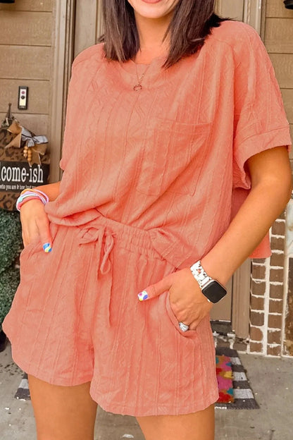 Texture Short Sleeve Top and Shorts Set