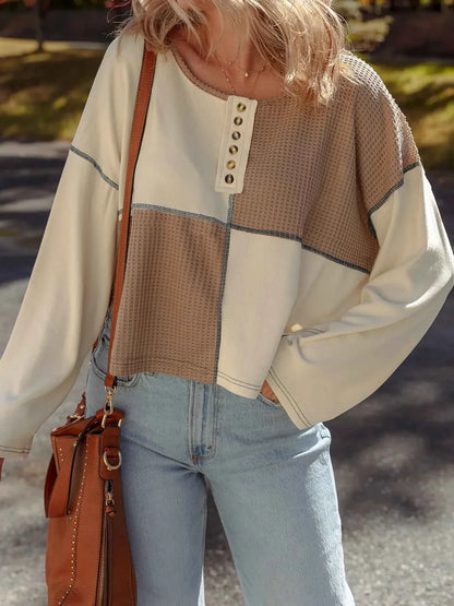 Color Block Waffle Knit Stitch Detail Long Sleeve Top