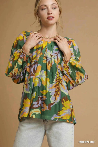 Umgee Mix Abstract Print Balloon Sleeve Blouse
