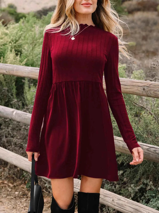 Frilled Neck Ribbed Knit Patchwork Long Sleeve Mini Dress