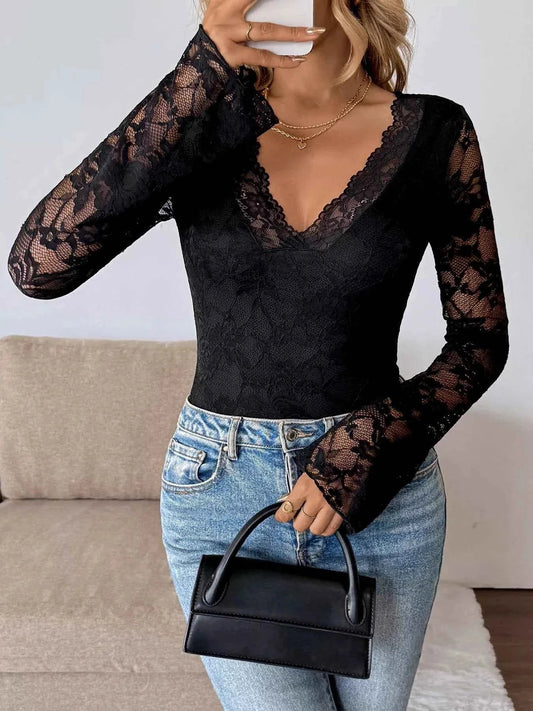 Lace V-Neck Long Sleeve T-Shirt