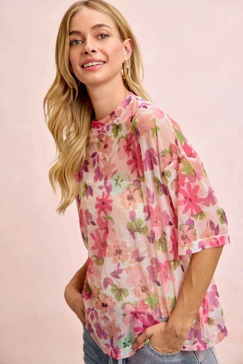 BiBi Floral Print Short Sleeves Boxy Mesh Top