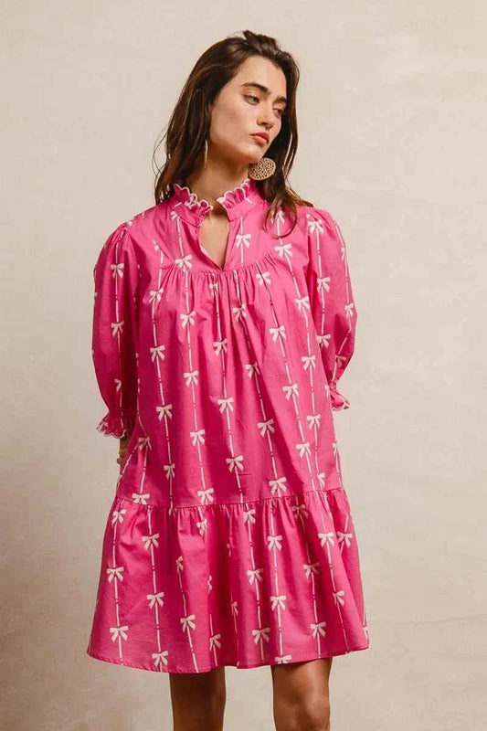BiBi Ribbon Patterns With Scallops Edge Details Short Sleeve Dress