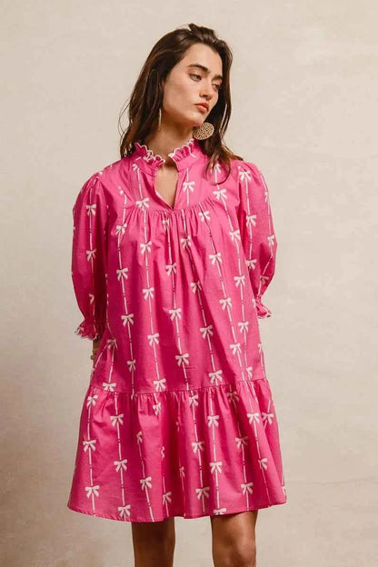 BiBi Ribbon Patterns With Scallops Edge Details Short Sleeve Dress