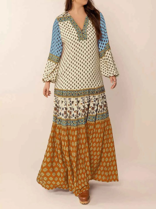 Bohemian Mixed Print Long Sleeve Maxi Dress