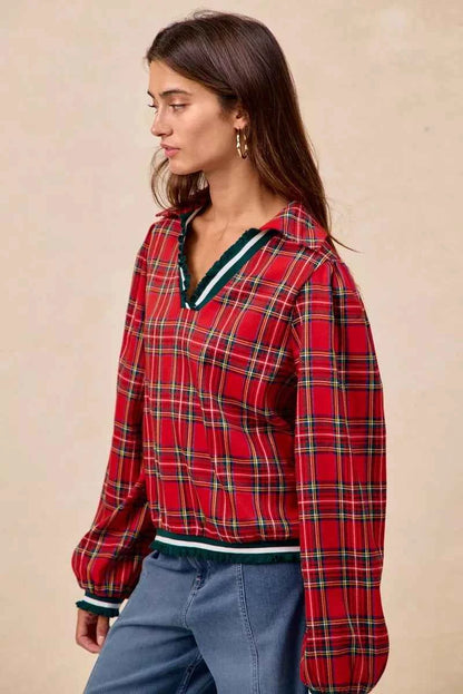 BiBi Christmas Plaid Collared Top with Ruffled Detail