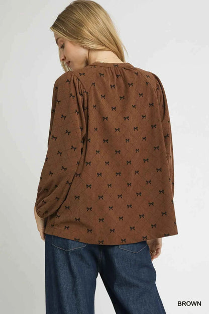 Umgee Corduroy Bow Print Balloon Sleeve Blouse