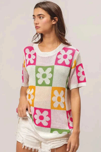 BiBi Flower Checker Pattern Lightweight Sweater Top
