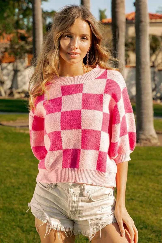 BiBi Check Pattern Short Puff Sleeve Sweater Top