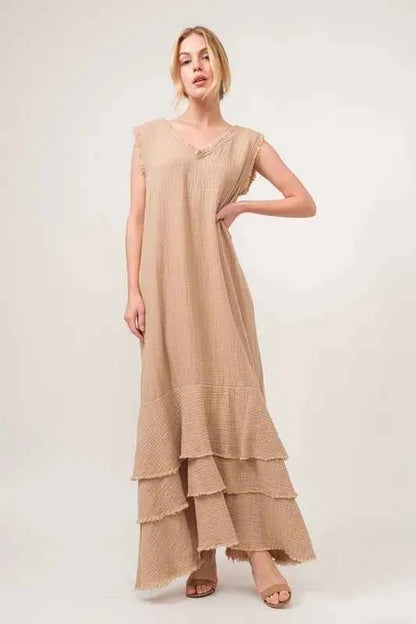 And The Why Washed Cotton Gauze Fringe Detail Tiered Dress