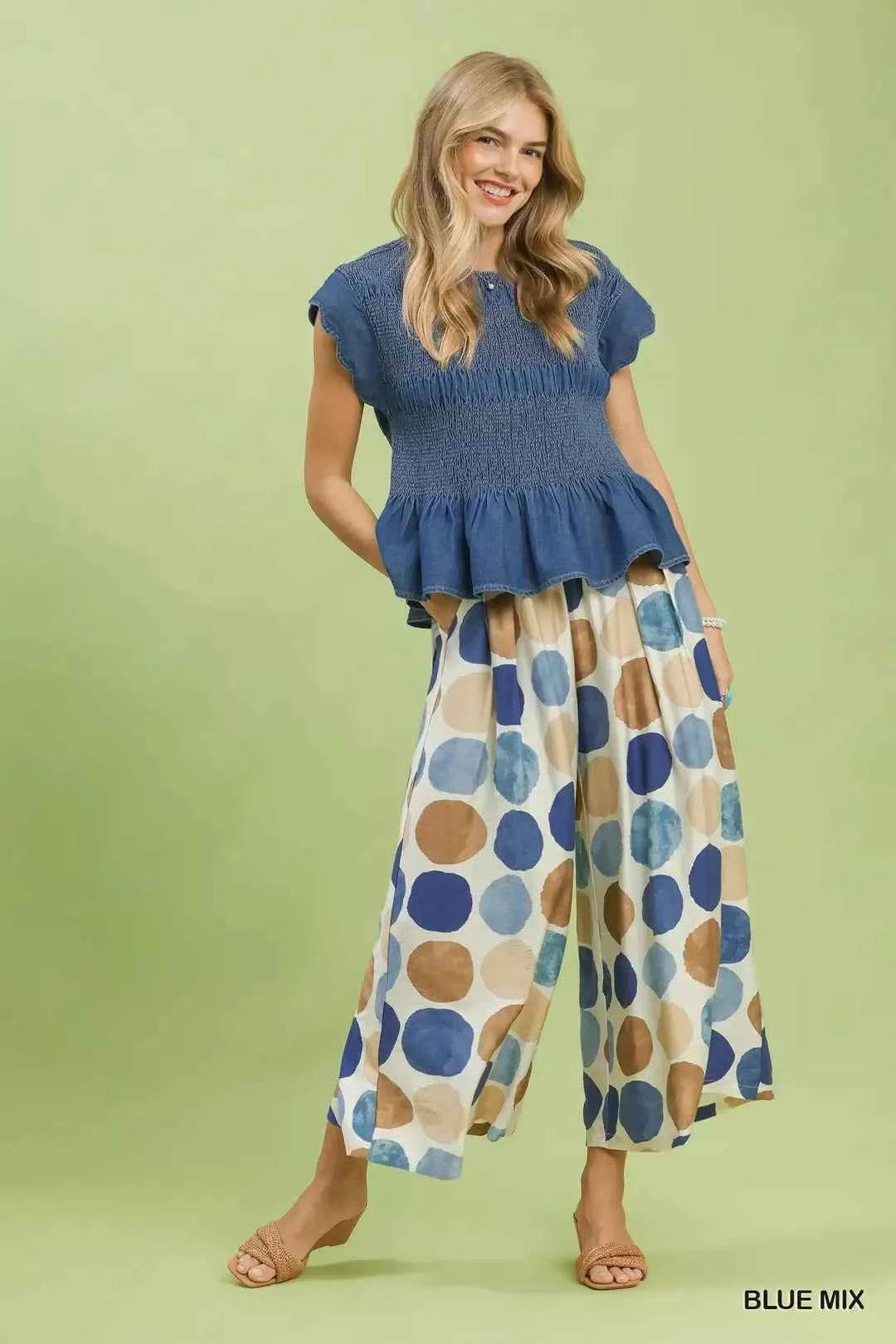 Umgee Dot Print Wide Leg Pants