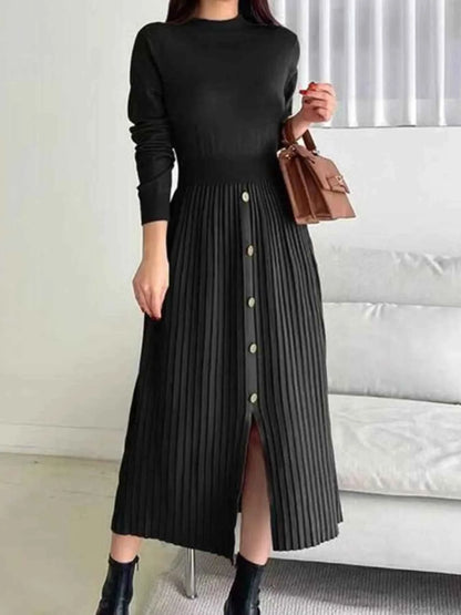 Slit Front Mock Neck Long Sleeve Knit Dress