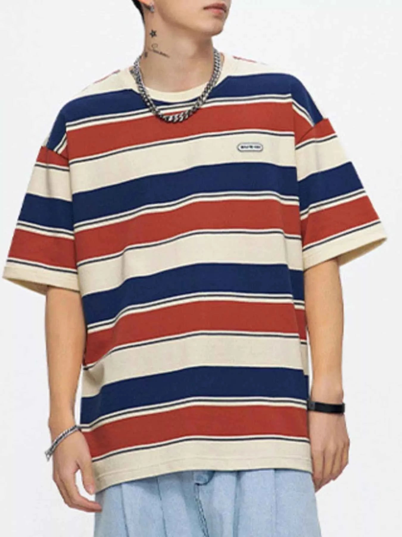 Men's Full Size Striped Round Neck Oversized T-Shirt Plus Size