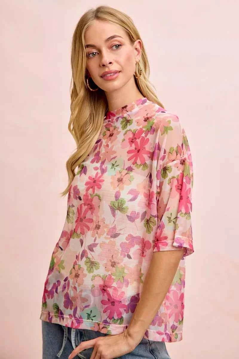 BiBi Floral Print Short Sleeves Boxy Mesh Top